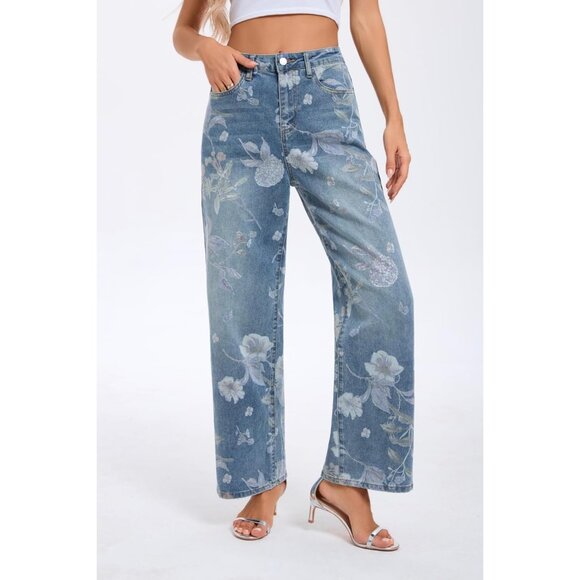 Women's Floral High Waisted Straight Leg Stretch Denim Jeans Summer Casual - Picture 3 of 7